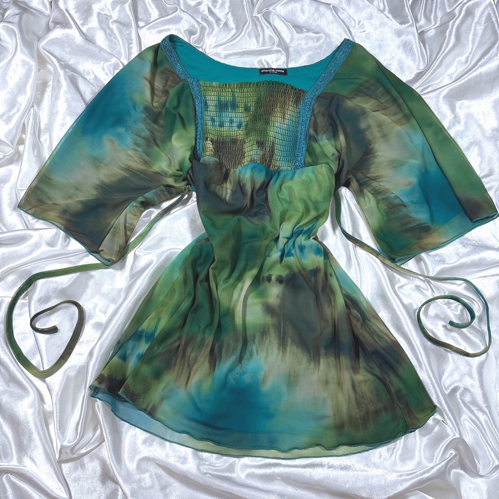 y2k Tunic Green Excellent Cha Cha Vente Tie Dye Smocked Mesh Bell Sleeve Top XL